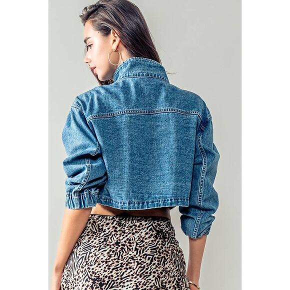 Urban Daizy Utility Cropped Drawstring Hem Stand Collar Denim Jacket - Picture 8 of 16